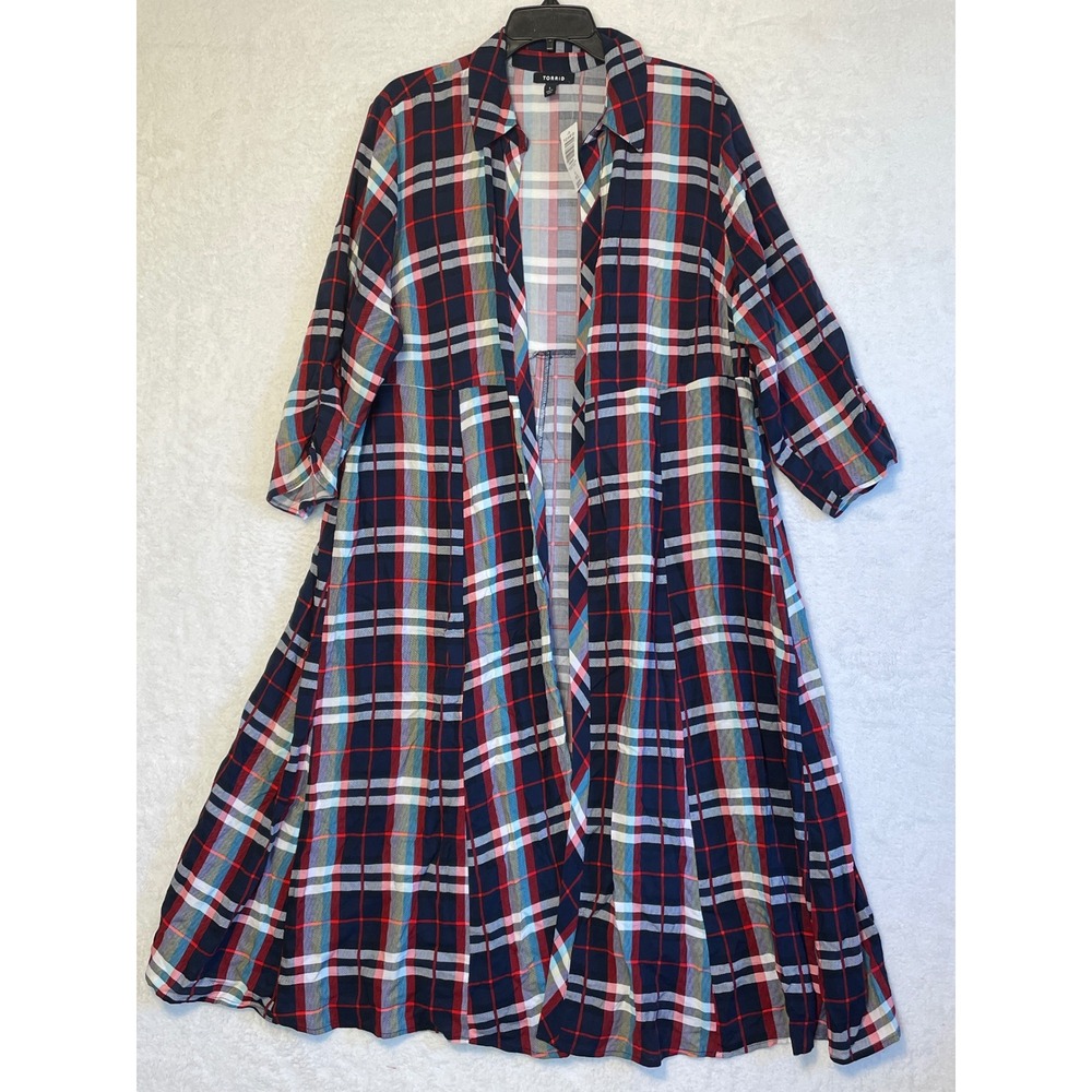 Torrid Maxi Duster Cardigan Plaid Long Sleeve Button Front Shirt Dress 1X